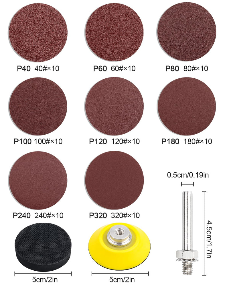 JatilEr 80 pieces sandpaper 50 mm Velcro, 2 inch round sanding pads grit P40 P60 P80 P100 P120 P180 P240 P320 eccentric sander sanding discs pad kit polishing pad adapter for polished car metal wood 80 pieces P40-320 + polishing pad adapter