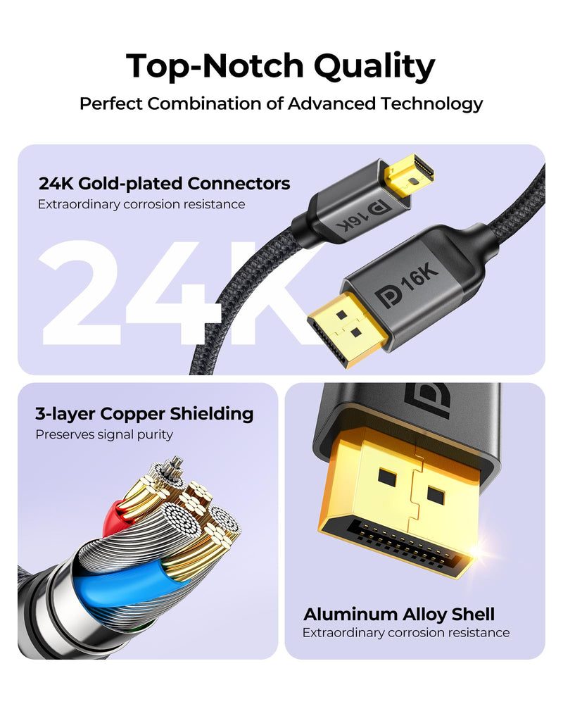 Silkland 16K Mini DisplayPort to DisplayPort 2.1 Cable, 16K@60Hz, 8K@120Hz, 4K@240Hz HDR, DSC1.2a, G-Sync FreeSync, Mini DP [Thunderbolt 2] for Gaming Laptop, MacBook, iMac, Monitor, 10FT