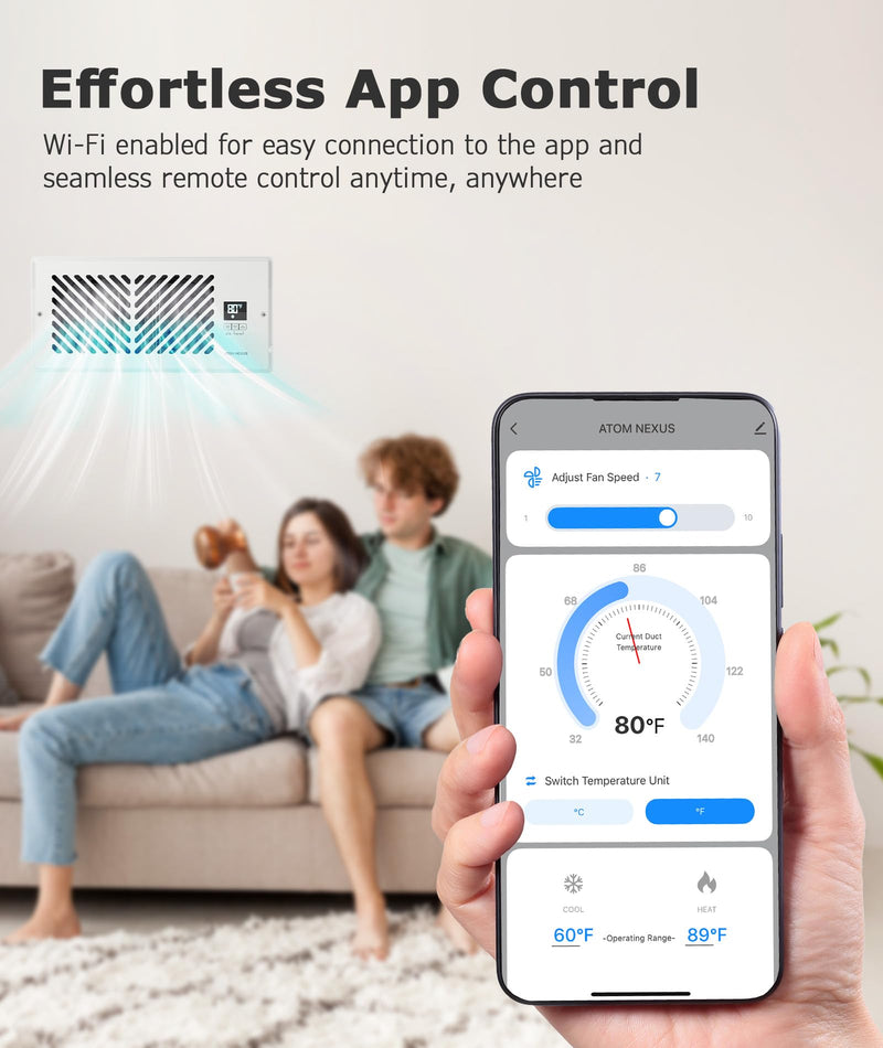 Quiet Register Booster Fan, Smart Vent Booster Fan with Thermostat Control & Remote Control, 10-Speed Control Heating Cooling AC Vent (White, 4 x 10 inch - APP) White