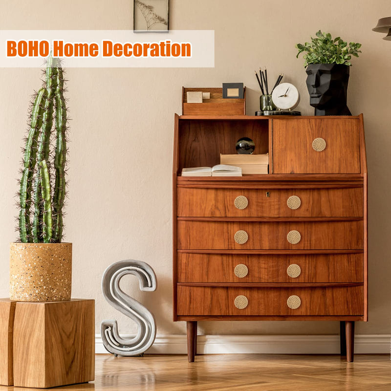 ANPHSIN 24 Pack Boho Rattan Cabinet Dresser Knobs- Durable Beech Wood Drawer Knobs, Decorative Handmade Wicker Woven Pulls Handles with 48 Screws for Home Furniture Round Rattan (24 pcs)