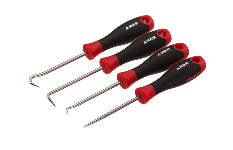 ARES 70256 - Precision Hook and Pick Set - 4-Piece Set Includes Precision 90 Degree, Hook, Combination and Straight Hooks and Picks - Chrome Vanadium Steel Shaft - Easily Remove Hoses and Gaskets