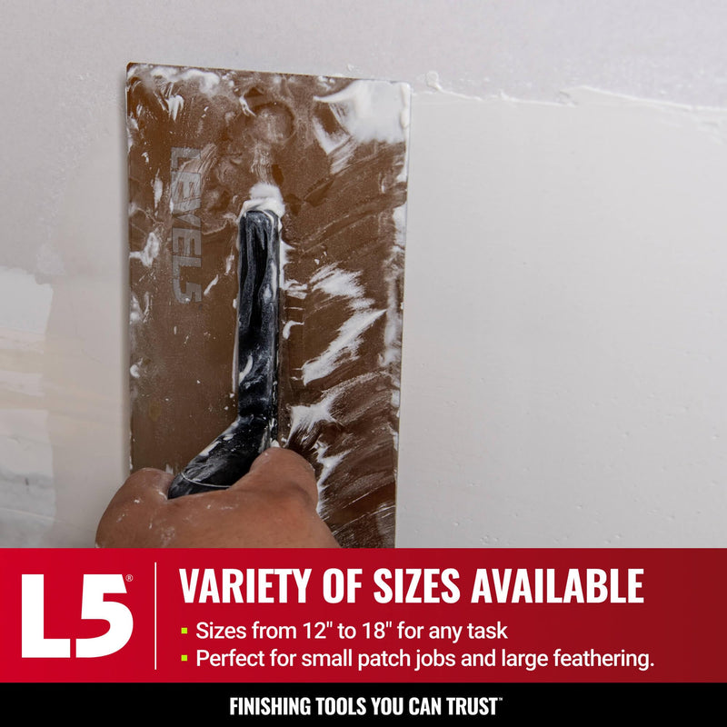 LEVEL5 12" x 4.75" 0.7 MM Flat Drywall Trowel | Triple-Hardened Stainless Steel, High-Impact Handle | Sheetrock Gyprock Wall-Board Plasterboard | 4-961 12"