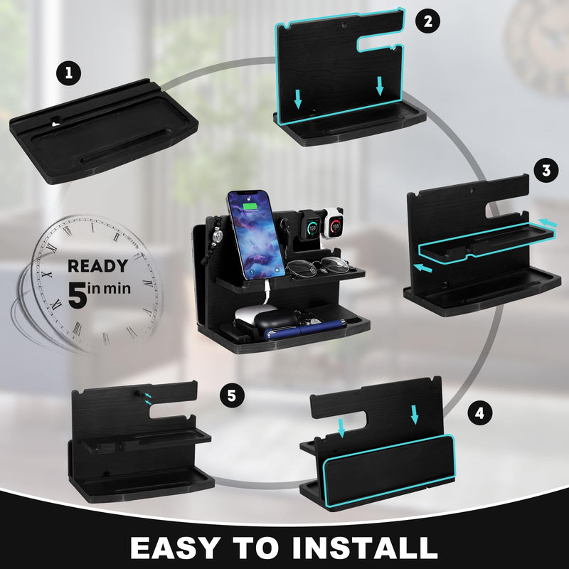 Gifts for Men Desk or Nightstand Organizer - Wood Phone Docking Station - Birthday Gifts for Husband, Fathers Day for Dad - Anniversary Idea from Wife - Key Holder, Stand Wallet, Watch & Essentials Black