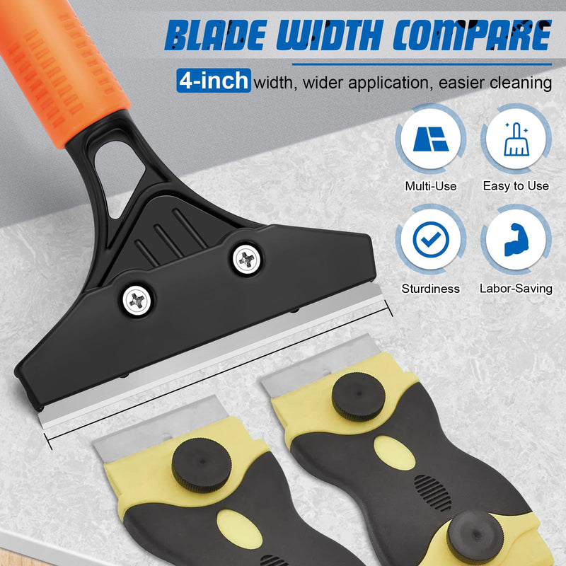 Razor Blade Floor Scraper with Long Handle, 4 Inch Floor Scraper Tools Heavy Duty with 10PCS Extra Metal Blades,Paint Scrapers for Cleaning Wall Glass Floor Paint Gum Stains Stickers Linoleum Orange