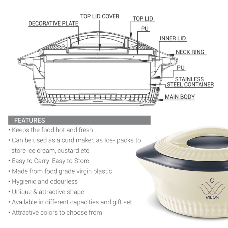 MILTON Royal 2500 Insulated Inner Stainless Steel Casserole, 2.05 litres, Cream | BPA Free | Food Grade | Easy to Carry | Easy to Store | Ideal for Chapatti | Roti | Curd Maker