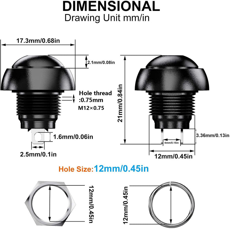 Gebildet 12 pieces 12 mm waterproof momentary push button, SPST ON-OFF AC 3V-5V-9V-12V-24V-230V/3A, mini round press button for car trumpet, PC, table lamp, front door bell momentary button