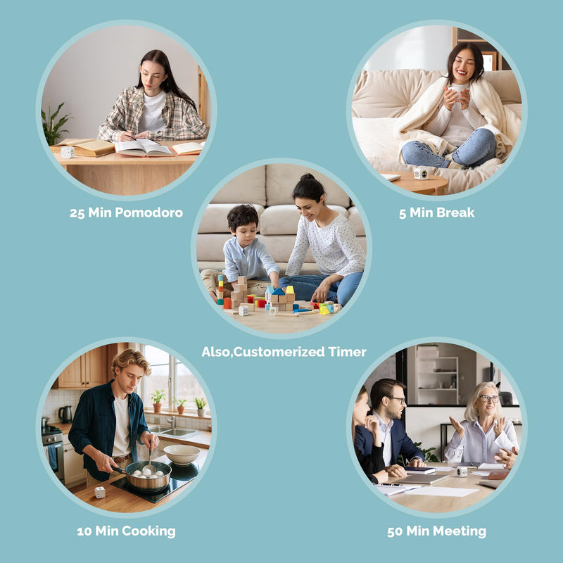 KADAMS Pomodoro Cube Timer Productivity Visual Timer - 5/10/25/50 Min Rotating Countdown, Customize Countup Silent Mode- for Work Study Cook Workout Kitchen Back to School Classroom (White, 2 Pack) White + White