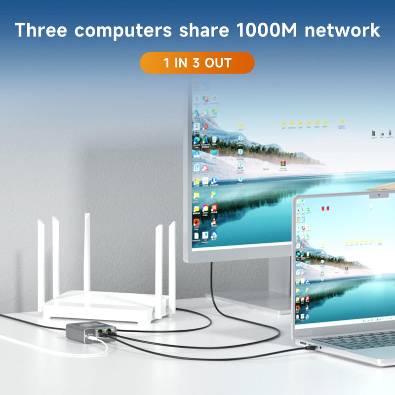 Gigabit Ethernet Splitter 1 to 3, Network Splitter with USB Power Cable, 1000Mbps RJ45 Internet Adapter 1000Mbps High Speed for Cat 5/5e/6/7/8 Cable Metal Case