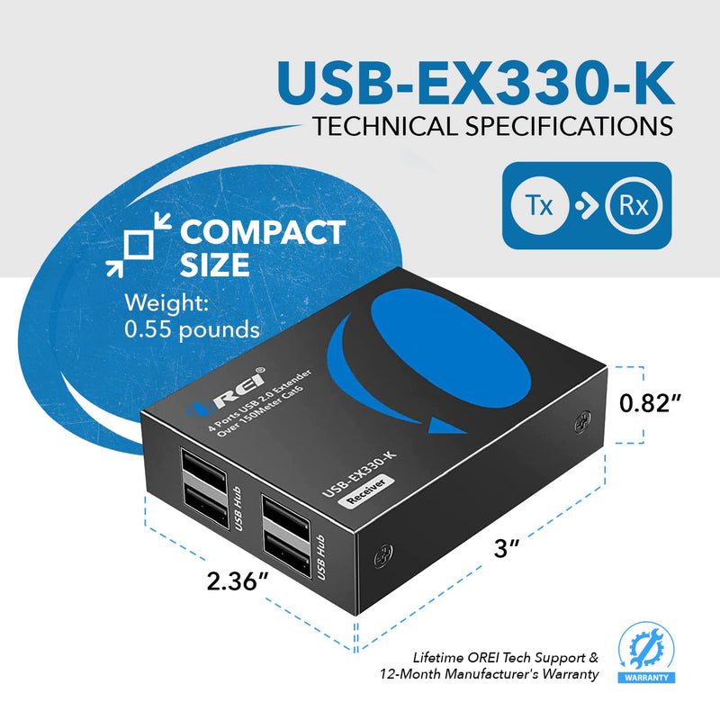 OREI USB Over Ethernet Extender Upto 330 Feet - Extends USB 2.0 Signals Over LAN Ethernet with 2 Ports - Power Over Cable, Long Distance Extension & Support for all Operating Systems (USB-EX330-K)