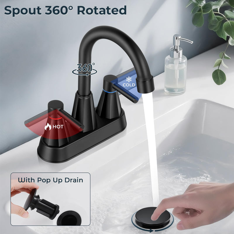 4" Bathroom Sink Faucet, 2-Handle Matte Black, Pop-Up Drain Included | 360° swivel spout, ceramic cartridge, 20% water-saving aerator, RV ready
