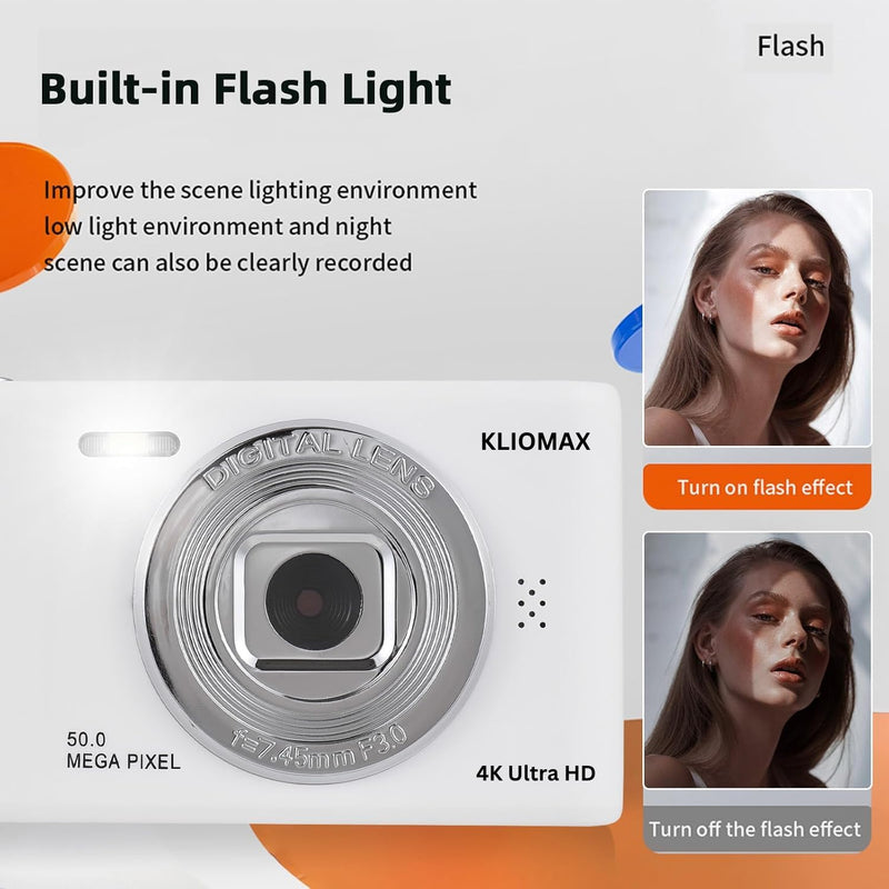 4K Digital Camera, FHD 1080P Kids Camera, 50MP Point and Shoot Camera with 16X Zoom Anti Shake, Compact Portable Small Camera for Girls Boys Teen Student with 32GB Micro SD Card, 1x Batteries White