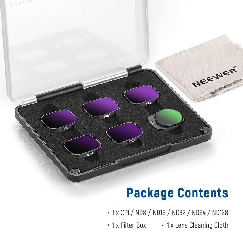 NEEWER ND Filter Set Compatible with DJI Mini 3/Mini 3 Pro, 6 Pack CPL ND8 ND16 ND32 ND64 ND128 Neutral Density Filter Drone Lens Accessory, Multi Coated HD Optical Glass, Aluminum Alloy Frame Aluminium 21.45*17.02*3.28mm
