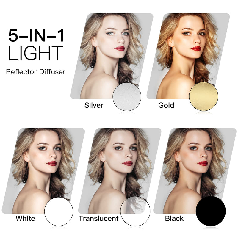 Godox 43”/110cm Light Reflector Diffuser,5-in-1 Portable Collapsible Round Multi Disc with Holder Clip & Bag for Studio Shooting,Video Location,Portrait Photography-Gold,Silver,White,Black,Translucent 110cm