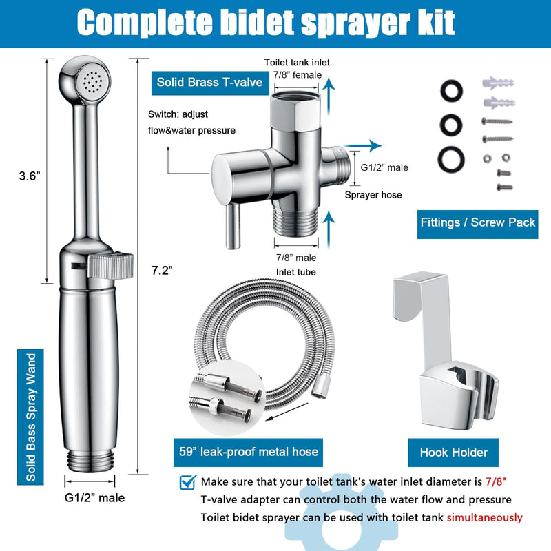 SonTiy Handheld Bidet Sprayer for Toilet, Cloth Diaper Sprayer Set Hand Held Bidet Jet Spray for Toilet with Backflow Preventer, Adjustable Water Pressure Control, Brass 7.2" Hand Bidet Wand, Chrome ‎Polished Chrome