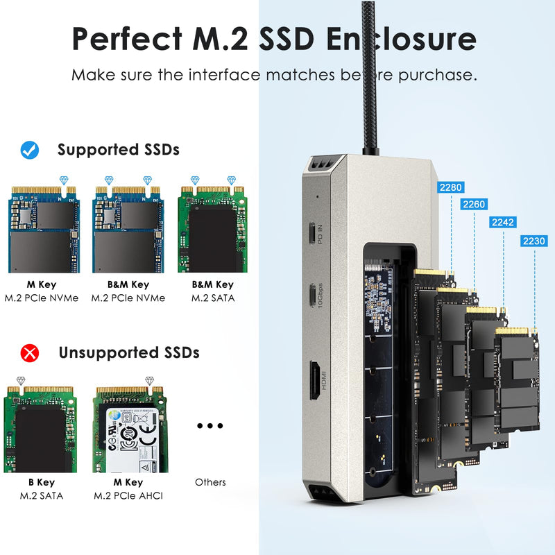 WAVLINK 8 in 1 USB C Hub with M.2 NVMe/SATA SSD Enclosure 10Gbps, 4K HDMI, USB-C/A 10Gb, 100W PD, Aluminum Alloy USB C SSD Enclosure for M.2 NVMe SATA SSD forM1/M2/M3/M4 macOS Systems