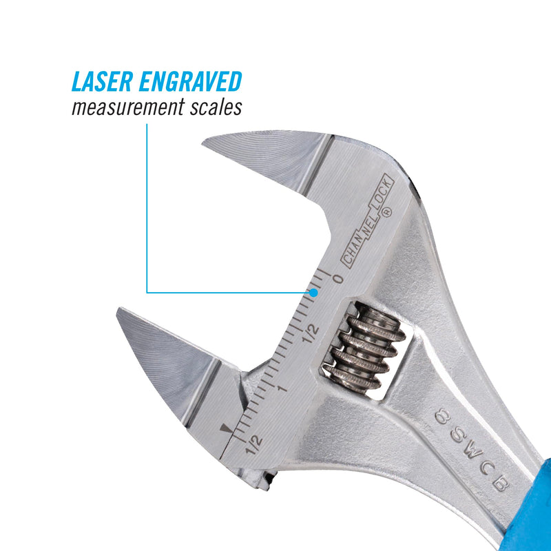 Channellock Adjustable Wrench 8SWCB Code Blue WideAzz Slim Jaw - Precise Grip, Wide Mouth - 8 In 8-Inch WideAzz Slim Jaw