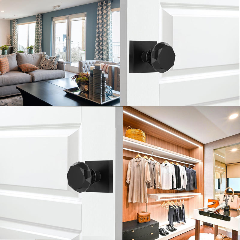Glass Crystal Dummy Door Knob Interior, Clear Matte Black Diamond Closet Hall Dummy Door Knob Non-Turning Inactive 2 Pack Dummy-2Pack Matte Black Finish and Black Glass