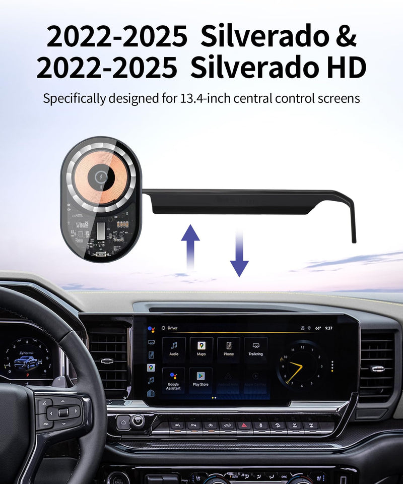 Wireless Charging car Phone Holder for Chevrolet Silverado HD 2022-2025 Accessories 13.4 inch Screen Fixed Clip,360° Rotation car Phone Mount Compatible with MagSafe
