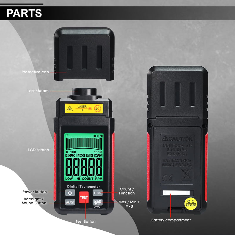 Digital RPM Speedometer 99,999 RPM Laser Tester with MAX/MIN/AVG, 2 Measuring Modes for Automotive, Industrial, DIY Engine Speed Measurement