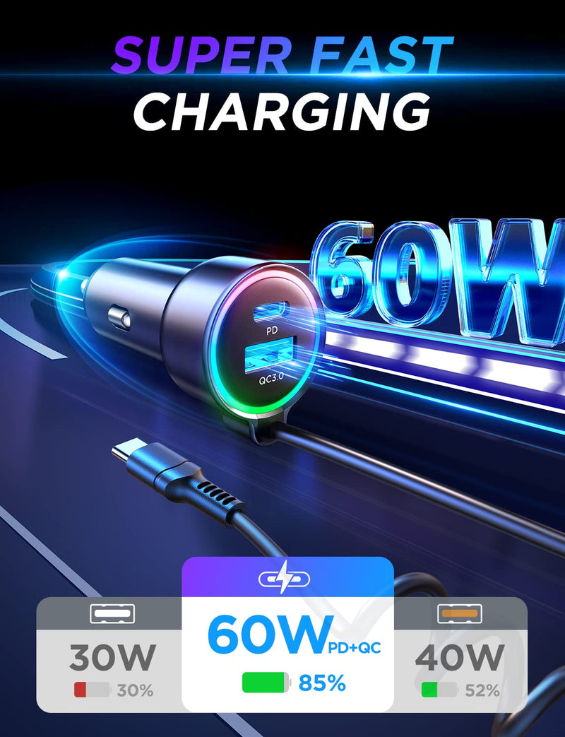 USB C 60W Super Fast Car Charger PD& QC3.0 with 5ft 30W Type C Coiled Cable, Car Phone Charger Adapter for iPhone 15 Pro Max Plus, Samsung Galaxy S24/S23/S22, Google Pixel/Moto/LG/Android, iPad Pro… Black