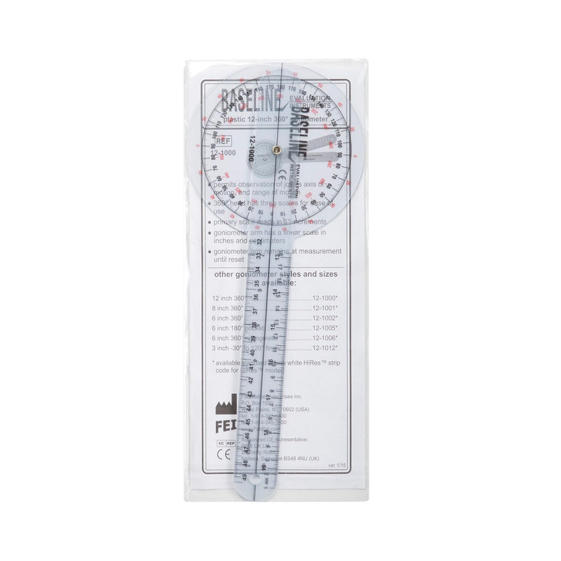 Baseline Plastic Goniometer - HiRes 360° Measuring Head with 12" Arms for Motion Range Measurement (ROM) 12" ISOM 360⁰