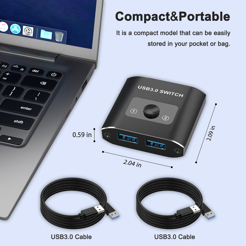 USB Switch, USB 3.0 Switch, Bi-Directional USB Switcher 2 in 1 Out/1 in 2 Out, Aluminum USB Switch 2 Computers Share 1 Device for Printer, Mouse, Keyboard, USB Sharing Switch with 2 USB 3.0 Cables