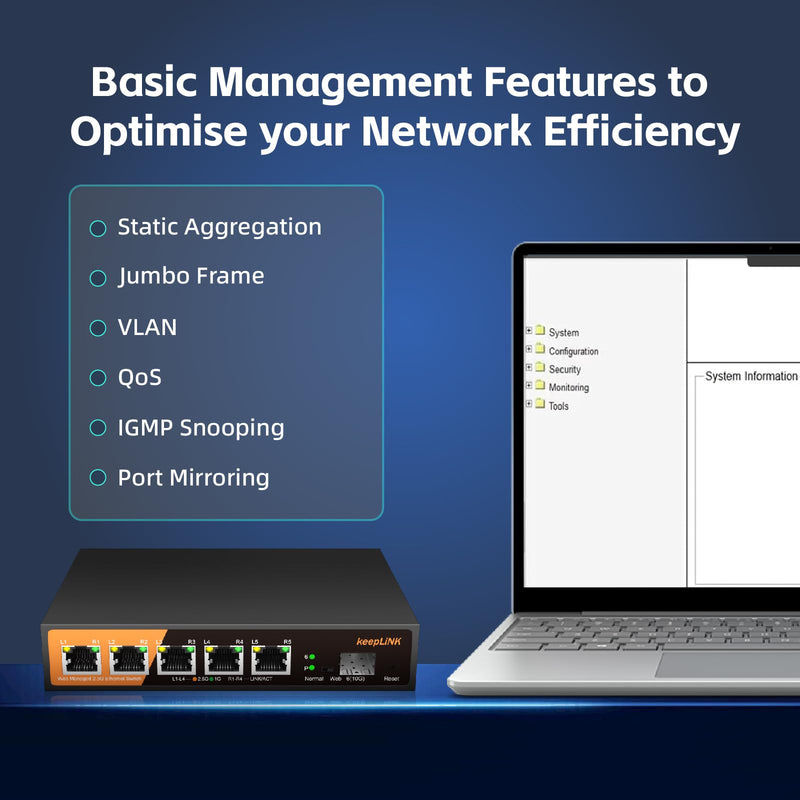 6 Port 2.5G Web Smart Managed Ethernet Switch with 5 x 2.5G Base-T Ports, 1 x 10G SFP+, Static Aggregation, QoS/VLAN/IGMP, Metal Housing Fanless, Desktop/Wall-Mount 5 Port 2.5G Switch Managed