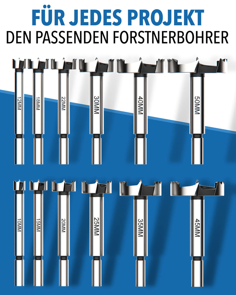 Forstner Drill Bit Set 12 Pieces 10-50 mm Wood | 12 diameters from 10 to 50 mm in a box - from dowel hole to pot band 12-piece Forstner drill bit