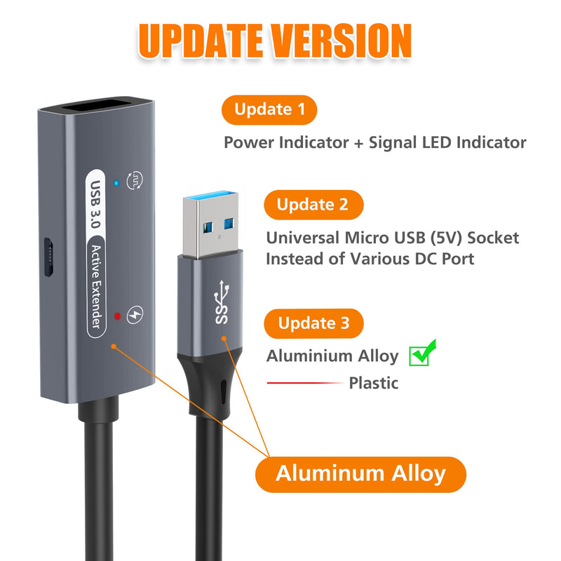 AGVEE 66ft / 20m USB 3.0 Active Extension Cable, USB3.0 Male to Female Extender Repeater Ultra Extra Long Signal Booster Cord for 2.5" 3.5" Hard Drive, Flash Driver, Mouse Keyboard, Printer, Gray
