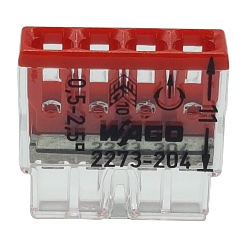 Pack of 30 Wago 2273-204 Compact Connectors for Junction Boxes, Diameter 0.5 - 2.5 mm², 4-Pin, Transparent/Red | 4-pole, 450 V Push-in terminals in transparent/red for solid conductors, 0.5 - 2.5 mm² nominal cross-section, 24 A rated current