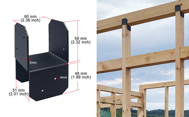 4 Pcs Post Caps Tie Bracket/ Joist Anchor Connector/ Heavy Duty Steel Mounting Joist Hanger Brackets Support/ for 2x2 Post, Post Base Steel Post Anchor Connector