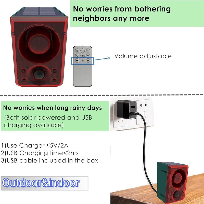 HULPPRE Solar Outdoor Motion Sensor Alarm-Dog Barking&Gunshot Sound,Support Recording&±Volume,130db Loud Noise Maker,3 Work Modes Strobe Light with USB,Say Goodbye to The Intruders Recording/volume± alarm