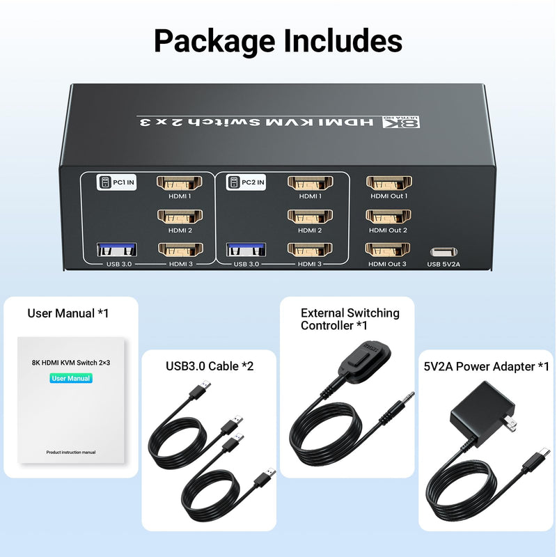 8K/60Hz USB 3.0 Three Monitor HDMI KVM Switch, 4K120Hz HDMI KVM Switcher 3 Monitors 2 Computers for 2 PC Share 3 Monitors and 1 Set of Keyboard Mouse and Other USB Devices