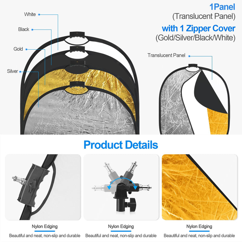 WELLMAKING 24'' x 36'' (60 x 90cm) Photography Reflector 5-in-1 Collapsible Light Reflector with Bag & tilt Adapter, Portable Light Reflector Photography Panel for Studio Video & Outdoor Lighting 24'' x 36'' (60 x 90cm)