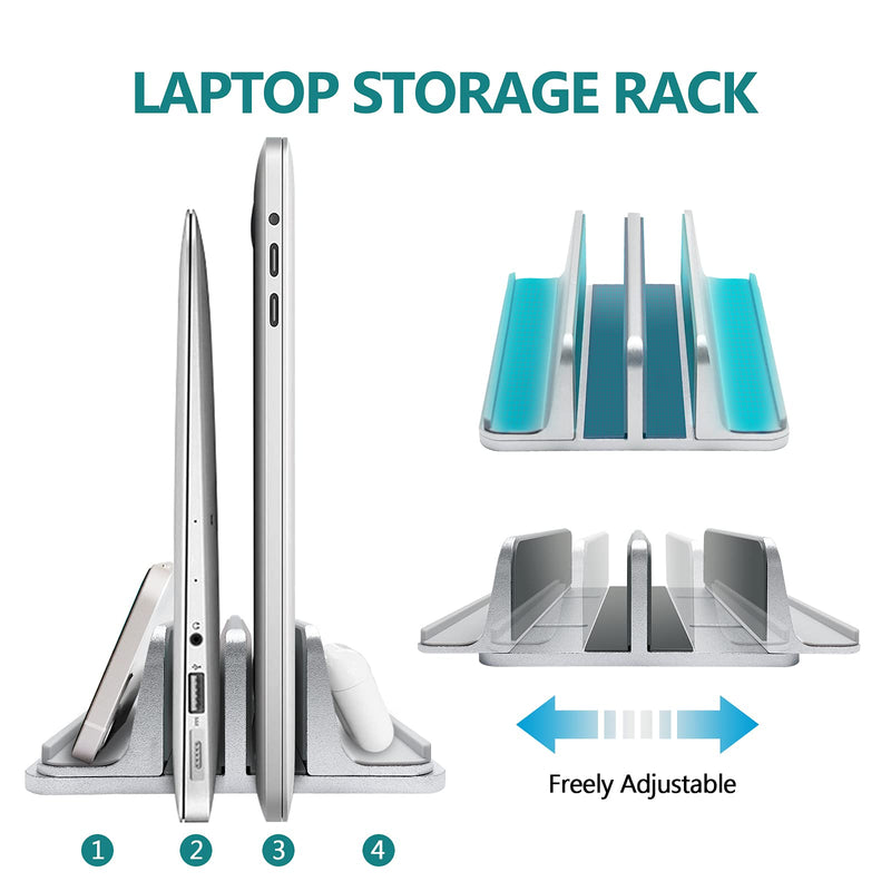 Vertical Laptop Stand for Desk Aluminum Heavy Duty, 4 Slots Adjustable Laptop Holder MacBook Stands Compatible All iPad Surface Samsung HP Chromebook iPad Pro Air Upto 17.5'- Silver 4 Slots Vertical Stand-Sliver