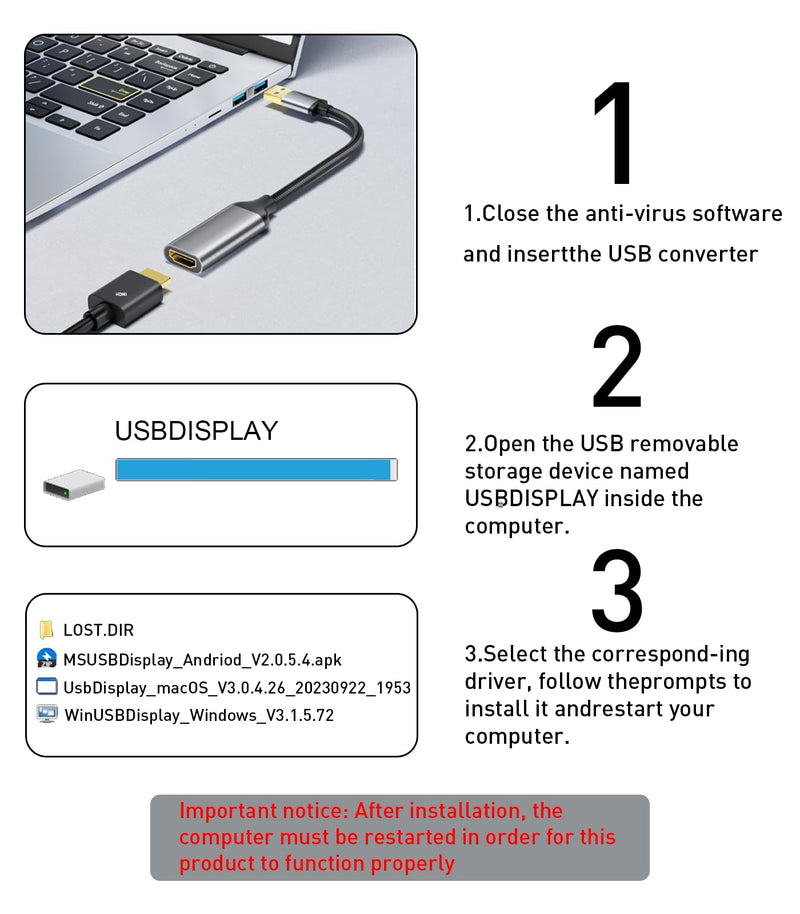 Reborn USB to HDMI Adapter, USB 3.0/2.0 to HDMI Multi-Display Cable, 1080P@60Hz USB-A 3.0 Male to HDMI Female Converter Suitable for Windows XP/7/8/10/11 - BIOS Interface Out of Use