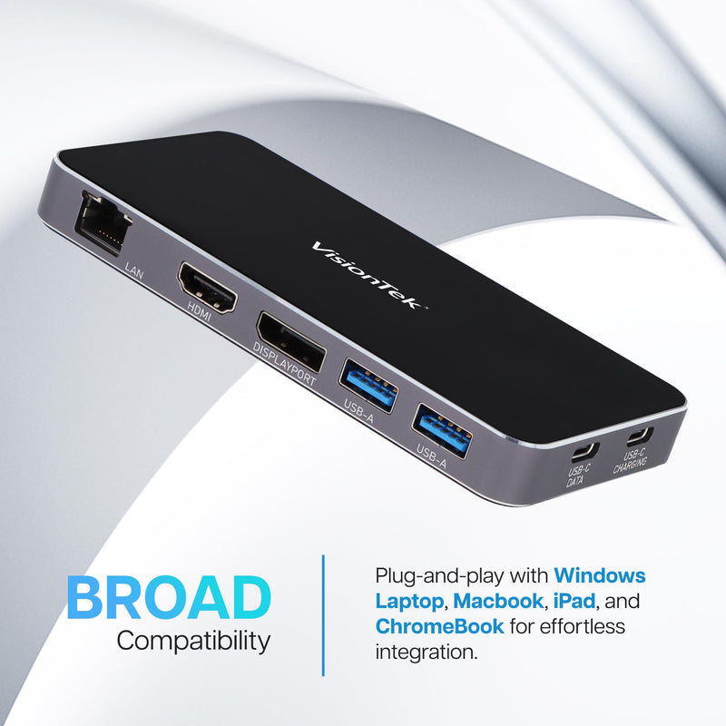 VisionTek VT350 Portable USB-C Dual Monitor Hub - 1x DP, 1x HDMI, 2X USB-A, 1x Ethernet, 1x USB-C for Windows/MacOS/ChromeOS/iOS