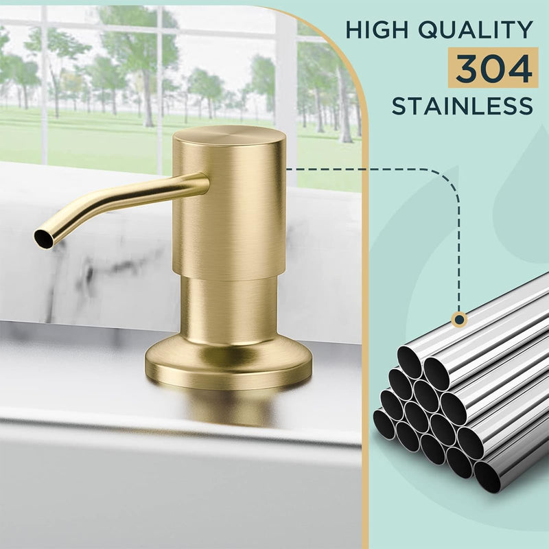 FORIOUS Brushed Gold Soap Dispenser for Kitchen Sink with 500ML/18OZ Bottle, Lotion Dispenser Built in Refill from The Top for Countertop Sink
