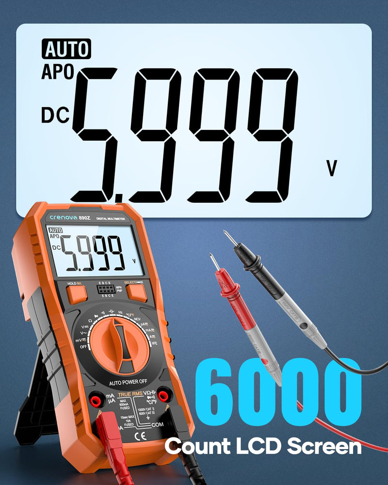 Crenova 890Z Digital Multimeter 6000-Count TRMS 1000VDC/750VAC Auto-Ranging | Measures AC/DC Voltage, Current, Resistance, Capacitance, Diode, Continuity, Transistor (hFE), Temperature, NCV