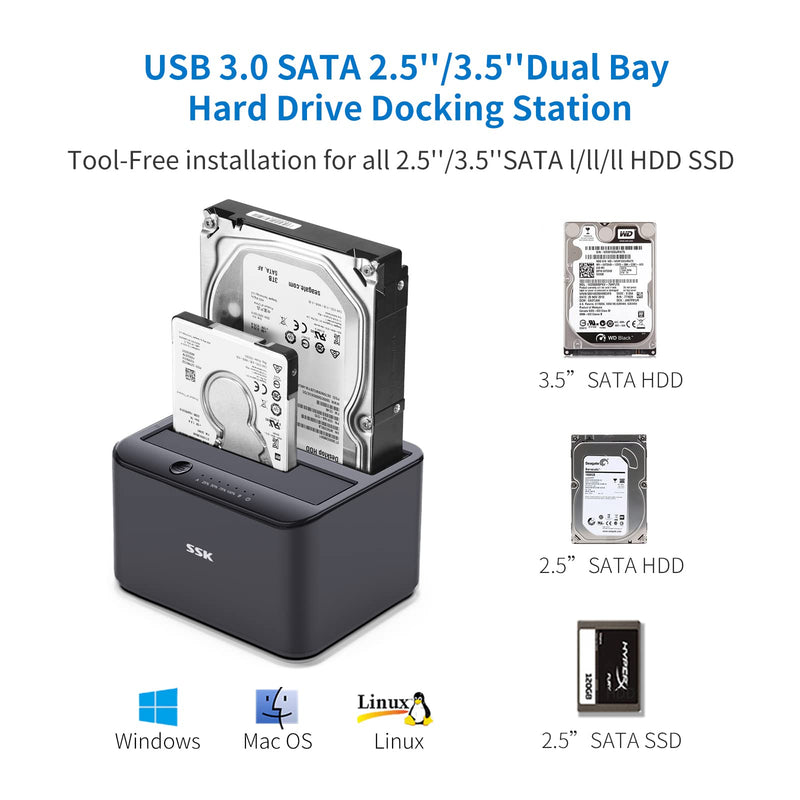 SSK Aluminum Hard Drive Docking Station, USB 3.0 to SATA Dual Bay External HDD Dock Caddy Reader for 2.5 & 3.5 inch SATA HDD SSD, with UASP Offline Cloner/Duplicator Function (2x20TB Supports) Black