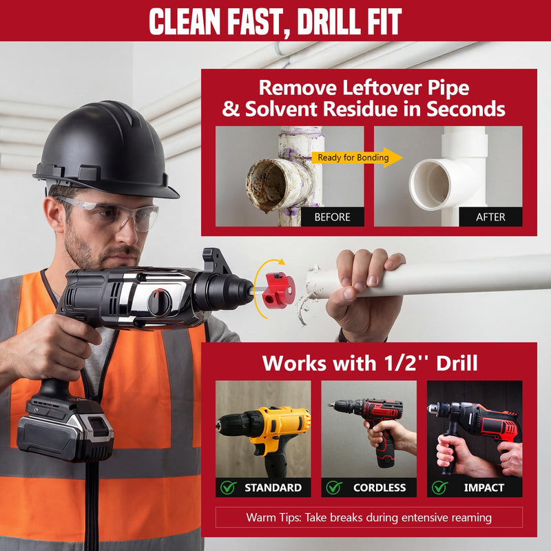 PVC Pipe Reamer Kit, PVC Fitting Saver for Sch.40 CPVC, Plumbing Tool Fits Standard 1/2" Drill, Socket Hub Saver