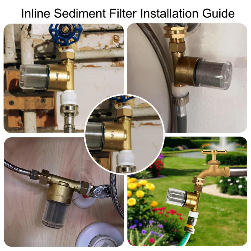 DR02 Reusable Brass Sediment Filter, 40 Micron Washer Water Filter, For Washing Machine, Heater, Faucet, RV, Protecting Appliances, Reduces Clothes Yellowing, Anti Scale Shower Filter