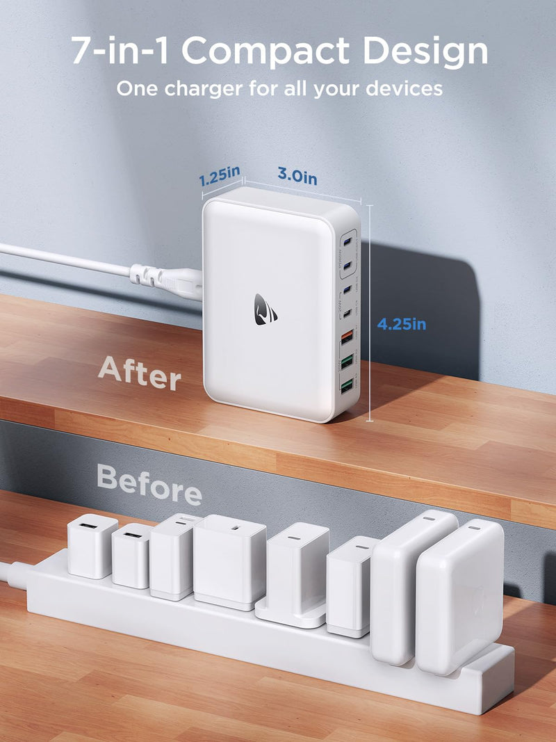 Aione Charger Station, 165W GaN 7-Port Charging Hub with 5ft Cord for Multiple Devices Fast Charging Multi USB Charger Station on Desk for iPhone 16 15 14 13 12 Samsung Galaxy S24/23/22 MacBook RE-PC907N