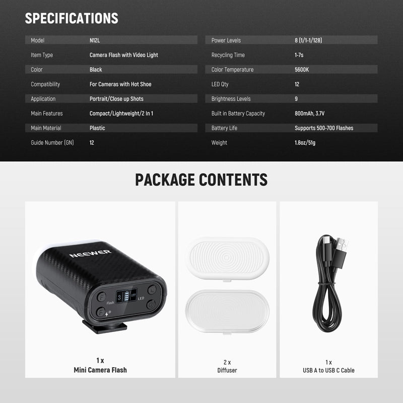NEEWER BASICS Mini Camera Flash with LED Video Fill Light/LCD Display/800mAh, Compatible with Canon Fujifilm Sony Nikon DSLR Standard Hot Shoe Cameras for Studio Photography Photoshoots Lighting, N12L
