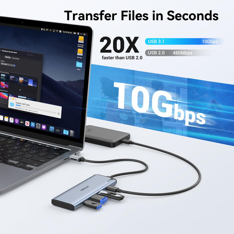 USB C to USB C Hub Dual Monitor, USBC Splitter with 4K@60Hz DP Alt Mode Video Output, 10Gbps Data Transfer, 100W PD Charging, Dual Monitors Adapter for Laptop, Portable Monitor and More Type C Devices Grey