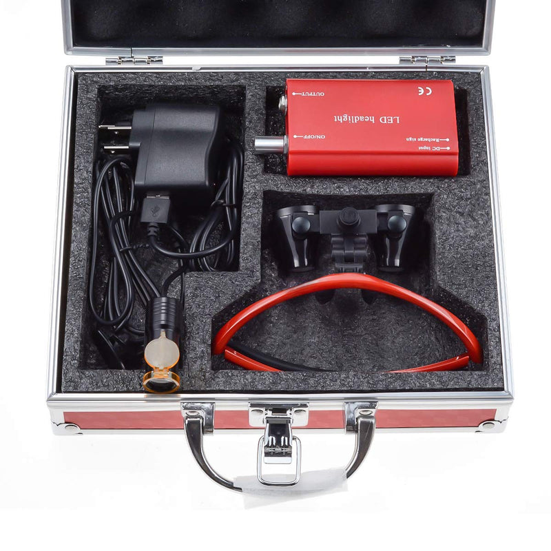 BoNew 3.5X Surgical Binoculars Magnifier Optical Glass 5W LED Headlight Powerful with Clip On Filter Aluminum Box (Red)