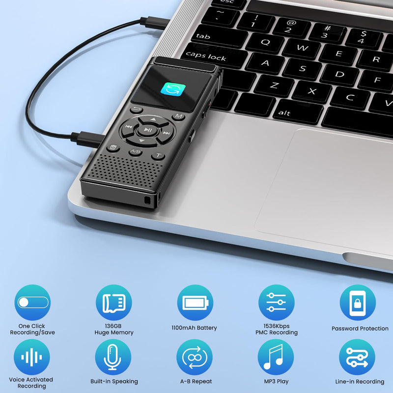136GB Digital Voice Recorder with Playback,9000 Hours Audio Recording Device,Voice Activated Recorder with Noise Reduction,A-B Repeat,Mp3 Player and Password for Lectures Meeting/Classes/Interviews 136GB