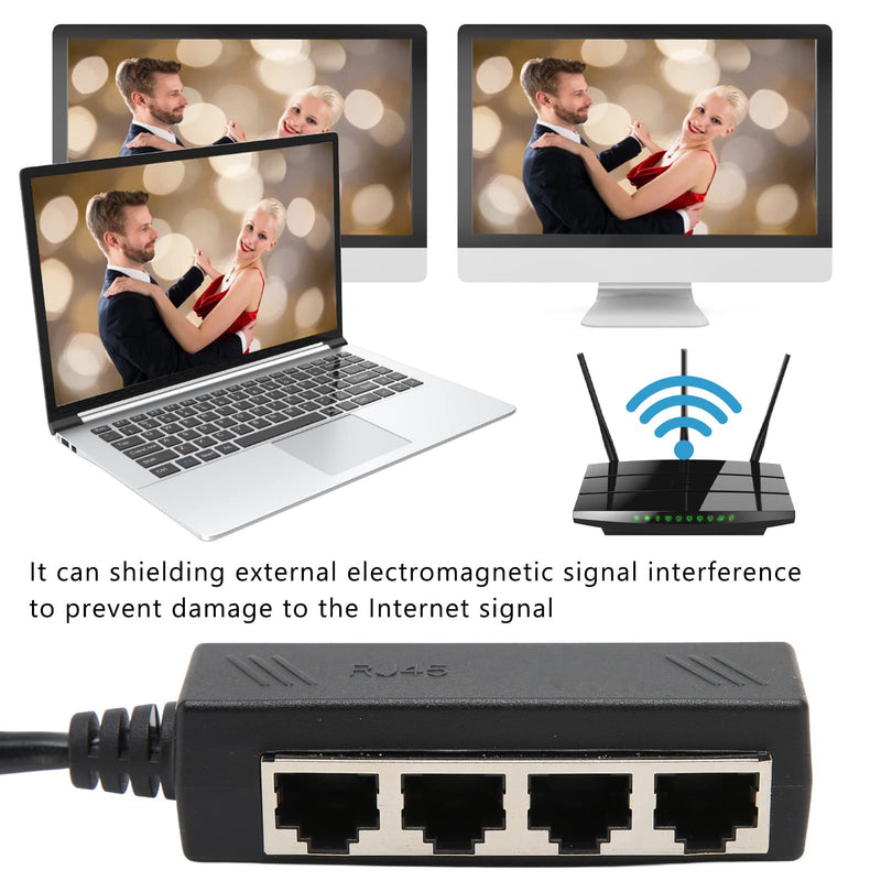 Emoshayoga Ethernet Splitter 1 to 4 , RJ45 Splitter Adapter Black 8 Pins 4xRJ45 Net Port Expand Access for Laptop