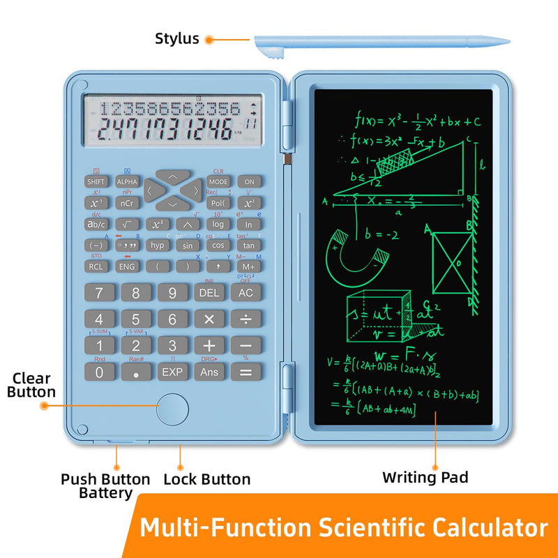 Scientific Calculator with Writing Pad, 240 Computing Functions, Foldable Case, HD Screen, Anti-Deletion Lock & One-Click Clear, Perfect for School, Finance & Engineering (Sky Blue) Sky Blue