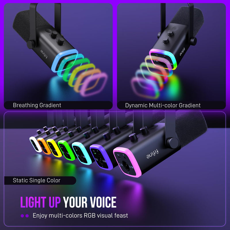 FIFINE USB/XLR Dynamic Microphone for Podcast Recording, PC Computer Gaming Streaming Mic with RGB Light, Mute Button, Headphones Jack, Desktop Stand, Vocal Mic for Singing YouTube-AmpliGame AM8 Black